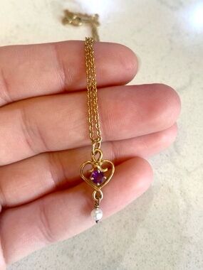 Vintage solid 14k gold amethyst and freshwater pearl pendant heart necklace